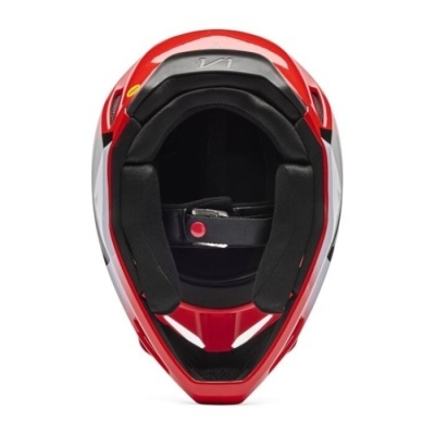 Capacete integral vermelho, preto e branco para motociclismo com interior acolchoado e tira de fixação