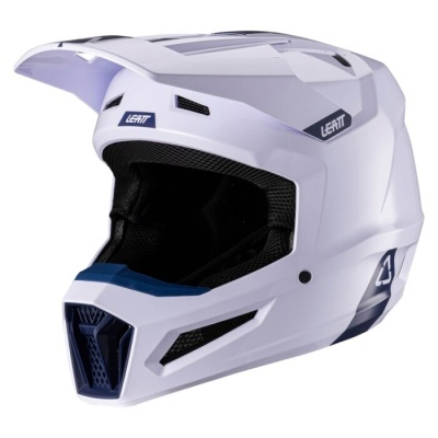 Capacete de proteção branco com detalhes em preto e azul para motocross