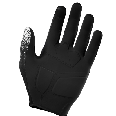 Luvas desportivas pretas com reforço e padrão branco no polegar esquerdo