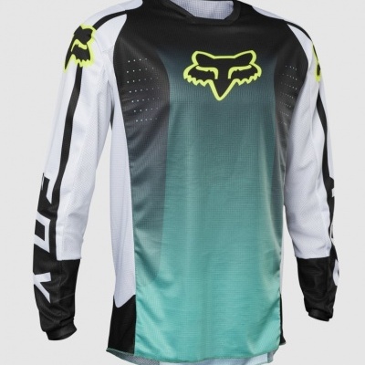 Camisola de motocross com cores preto, branco, verde e logótipo de raposa em amarelo