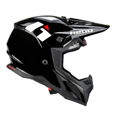 Capacete integral preto com detalhes brancos e vermelhos e texto 'hebo'