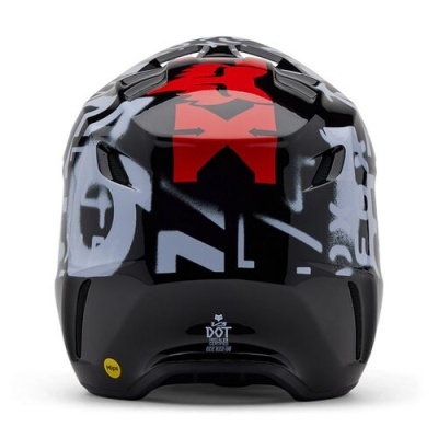 Capacete preto com padrões cinzentos e vermelhos e texto DOT e SNELL M2020