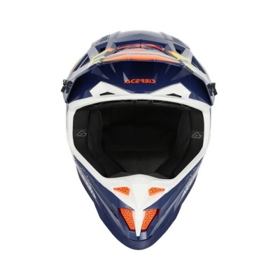 Capacete de motocross azul, branco e laranja com interior acolchoado preto