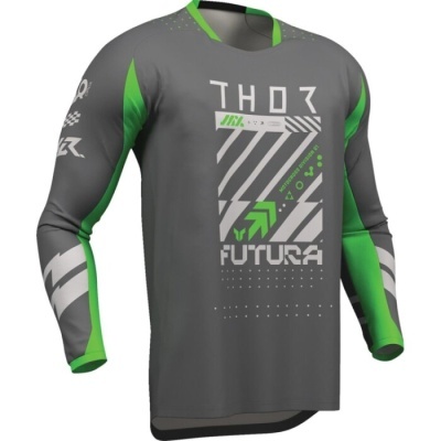 Camisola esportiva cinza e verde com texto THOR FUTURA