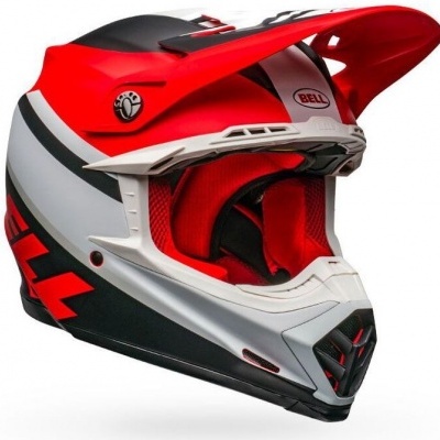 Capacete de motocross BELL vermelho, branco e preto com viseira e acolchoado vermelho