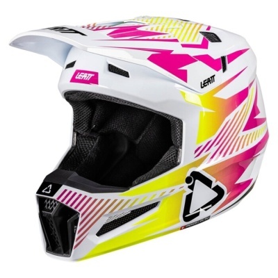 Capacete de motocross branco com detalhes rosa e amarelos, interior preto acolchoado, com texto Leatt.