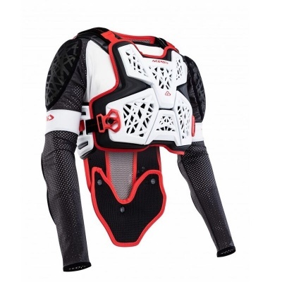 Casaco de proteção preto, branco e vermelho com placas rígidas em fundo branco