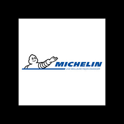 Logotipo da Michelin com boneco e texto azul e preto