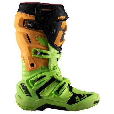 Bota de motocross verde, amarelo e preto com fechos e texto LEATT 4.5