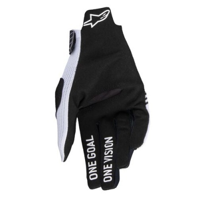 Luvas pretas e brancas para motociclista com texto 'ONE GOAL ONE VISION'