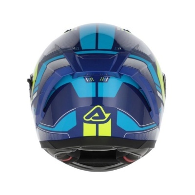 Capacete de motocicleta azul, cinza e amarelo com logotipo