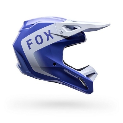 Capacete de motocross azul e branco com a palavra FOX
