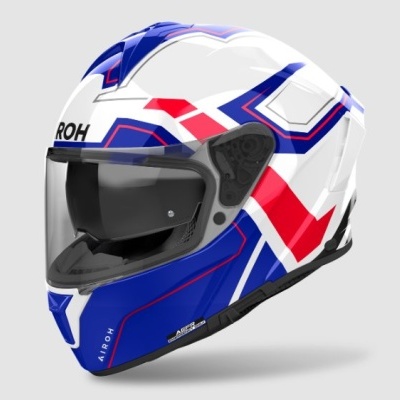 Capacete integral branco, azul e vermelho com viseira transparente