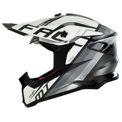 Capacete integral motocross preto, branco e cinzento com texto