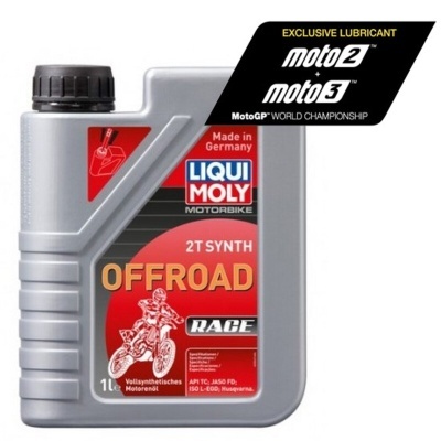 Garrafão de óleo LIQUI MOLY 2T SYNTH OFFROAD RACE para motociclos, 1 litro, cinzento com tampo preto.