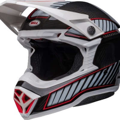 Capacete integral motocross preto, branco, cinza e vermelho com logo BELL
