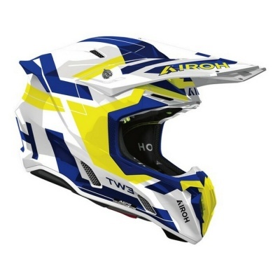 Capacete de motocross azul, amarelo e branco com texto AIROH e TW3