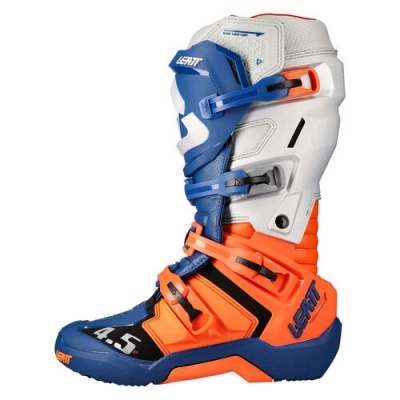 Bota de motocross Leatt azul, branco, laranja e preto com presilhas ajustáveis
