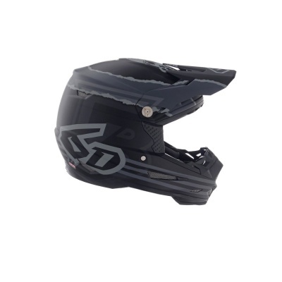 Capacete integral de motocross preto e cinzento com padrões cinzentos claros e logo '6D' na lateral