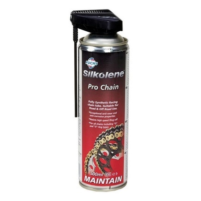 Spray de manutenção de corrente Silkolene Pro Chain em lata metálica com etiqueta vermelha e preta