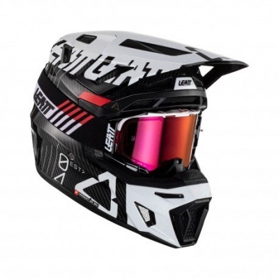 Capacete motocross preto e branco com viseira e óculos refletivos Rosa e laranja