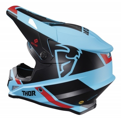 Capacete integral azul claro, preto e vermelho com texto THOR e SECTOR