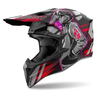 Capacete de motocross Airoh com design gráfico preto, cinza, vermelho e rosa