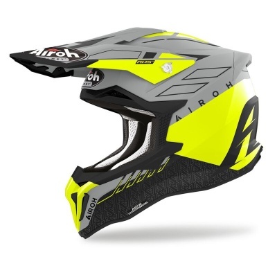 Capacete motocross Airoh cinza, preto e amarelo fluorescente