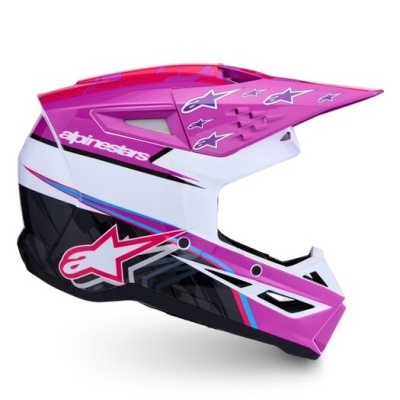 Capacete motocross Alpinestars rosa branco preto com estrelas e logo
