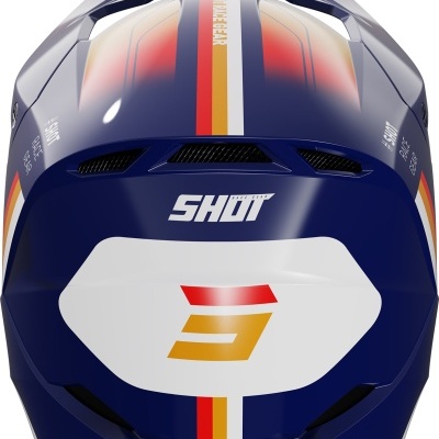 Capacete azul escuro motocross com detalhes coloridos e texto SHOT na parte de trás