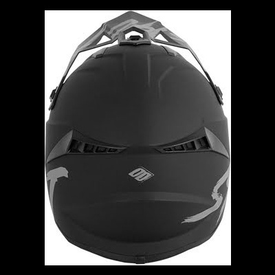 Capacete integral preto mate com detalhes cinza e símbolo branco frontal