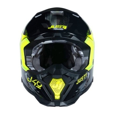 Capacete integral preto e amarelo com textos JUST1 e J49