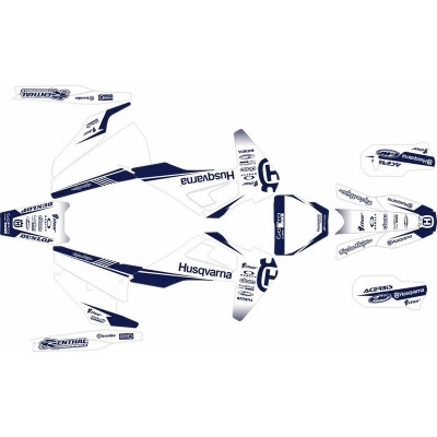 Conjunto de adesivos branco e azul para mota Husqvarna com vários logos e textos