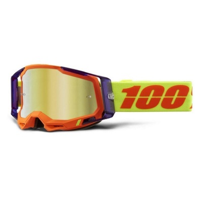 Óculos de proteção de motocross com lentes espelhadas e faixa amarela com número 100 vermelho