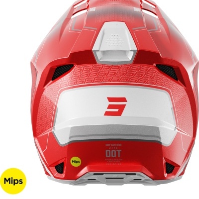 Capacete vermelho e branco com texto DOT e selo Mips