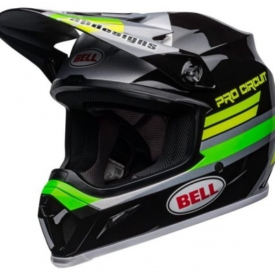 Capacete motocross preto com detalhes verdes e amarelos BELL PRO CIRCUIT