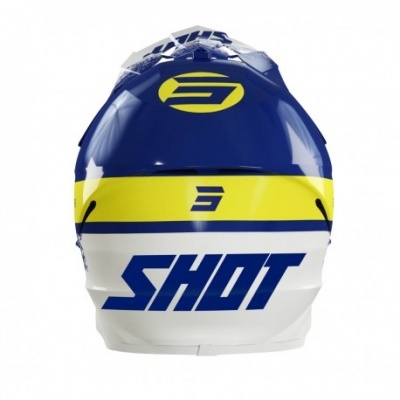 Capacete de motocross azul, amarelo e branco com logotipo SHOT