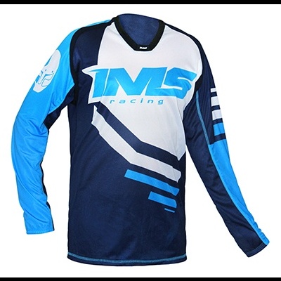 Camisola desportiva azul e branca com texto TMS Racing