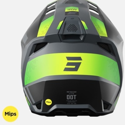 Capacete preto e verde fluorescente com selo Mips e texto DOT