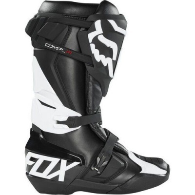 Bota de motocross preta e branca da marca FOX com logo da raposa.