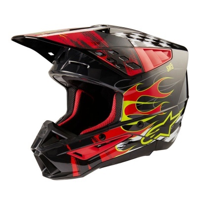 Capacete integral para motocross preto com desenhos vermelhos e amarelos de chamas