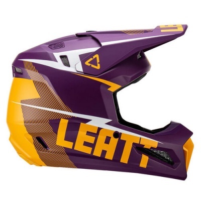 Capacete integral roxo e amarelo com texto LEATT