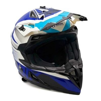 Capacete motocross azul, branco, preto e cinza com forro acolchoado
