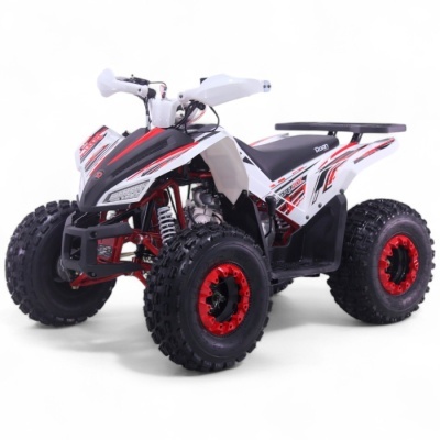 Quad ATV preto, branco e vermelho com pneus grossos e texto 'Roan' no banco