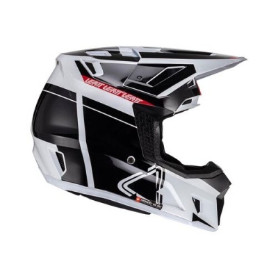 Capacete de motocross preto, branco e cinzento com texto vermelho