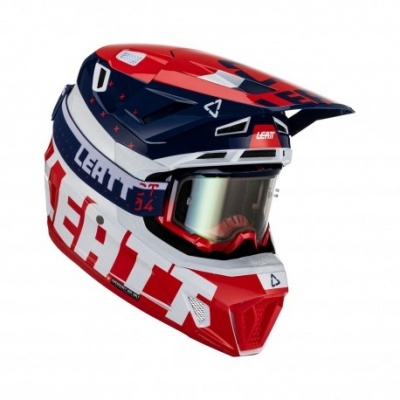 Capacete de motocross vermelho, branco e azul com óculos integrados e texto LEATT