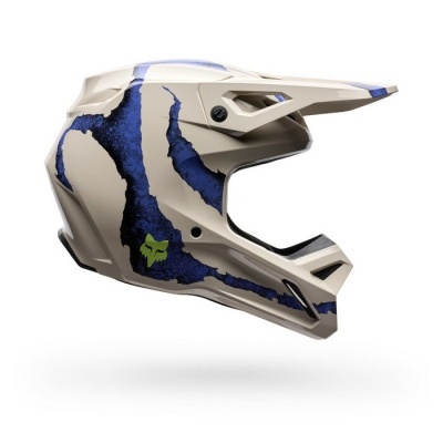 Capacete integral bege com riscas azuis e logótipo verde