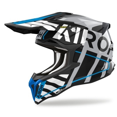 Capacete motocross Airoh preto branco azul com texto AIROH e RMS