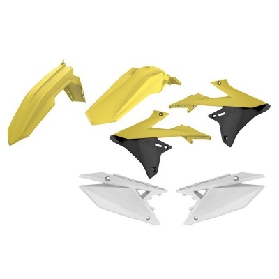 Peças plásticas para moto em amarelo, preto e branco