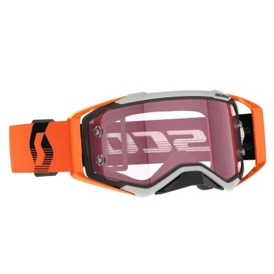 Óculos de proteção para desporto motorizado com estrutura branca e preta e correia laranja